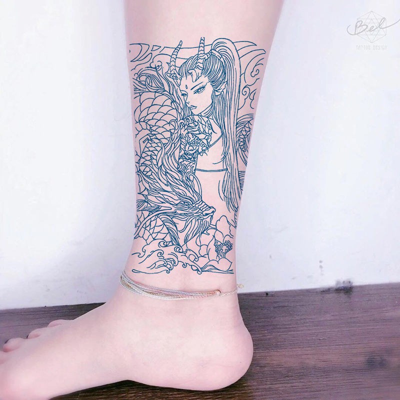 現貨 刺青紋身紋身貼紙藝妓龍姬刺青色花臂紋身貼防水持久男女腿部性感仿真刺青包郵手臂文身貼紋身貼 蝦皮購物