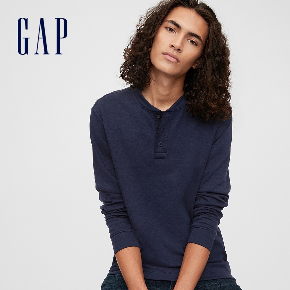Gap 男裝 舒適素色亨利領針織長袖T恤-海軍淺藍(603040)