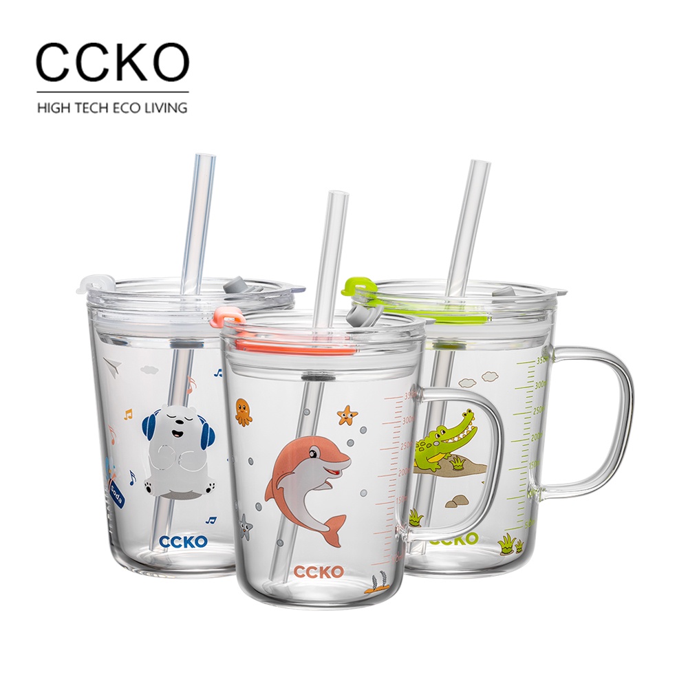 【CCKO】 Q萌動物園 可愛動物吸管杯 附兩用蓋 350ml 刻度玻璃杯 玻璃馬克杯 兒童水杯 兒童牛奶杯 耐熱玻璃