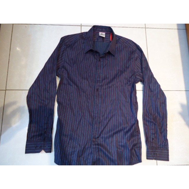 CABANE de tom深藍色細紅藍條紋長袖襯衫,size:L,100%棉,少穿,降價大出清