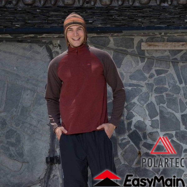 【EasyMain 衣力美 男款 輕暖排汗休閒衫《暗磚紅》】SE16063/高透氣/立領設計/保暖柔軟/悠遊山水