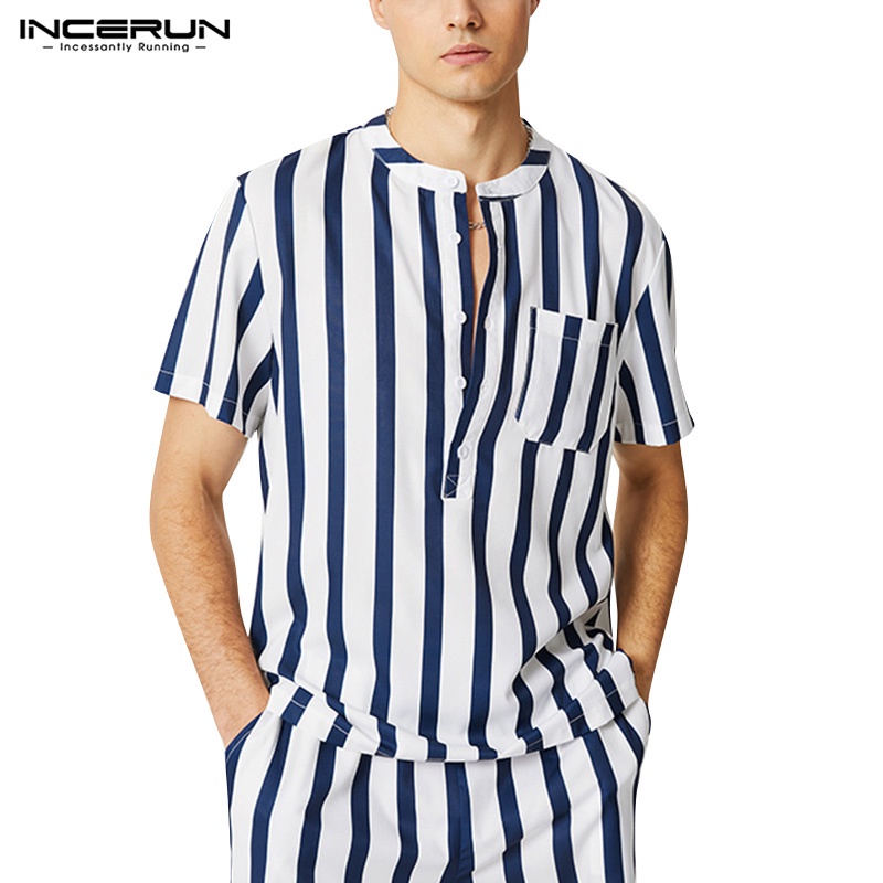 Incerun 男士夏季休閒短袖襯衫 + 短褲藍色條紋衣服套裝