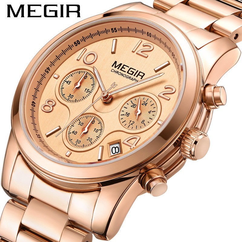 美格爾MEGIR女表時尚潮流多功能計時日曆鋼帶手錶石英表2057 生日禮物 禮品