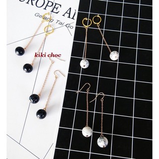 ♥kiki choc♥韓．簡約大理石紋圓球寶石垂墜長款耳環 耳針/耳夾/夾式