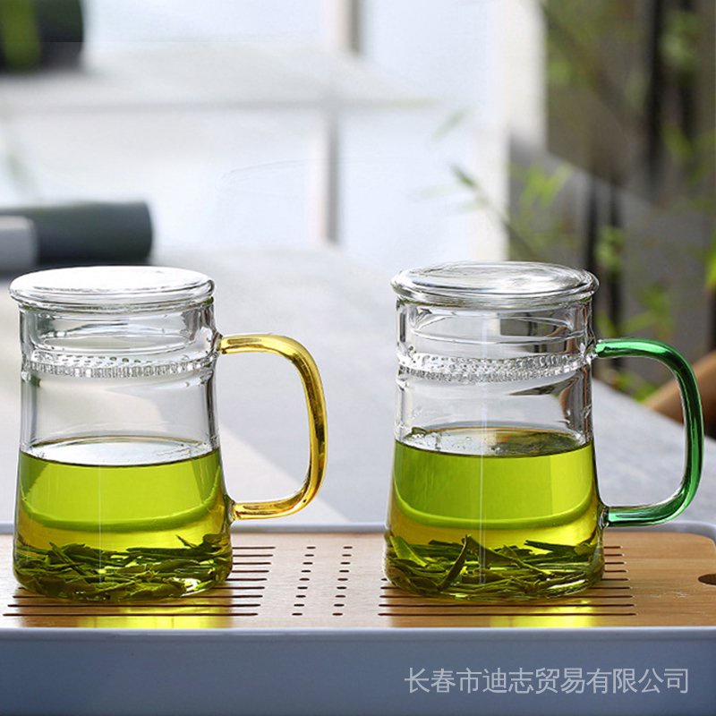 400ML月牙杯帶蓋綠茶杯高硼硅耐熱水壺辦公室花茶壺帶濾網玻璃杯