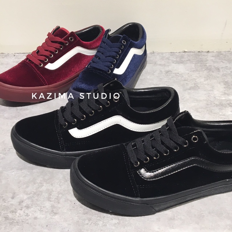 Kazima Vans Old Skool 天鵝絨 絨布 絨質 冬天 暖 毛毛 毛 黑色 全黑 黑底白線 紅 藍