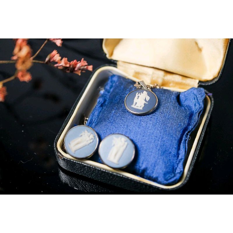 Wedgwood  經典 vintage 925銀 骨瓷藍 項鍊 耳環 套組 原品牌盒附