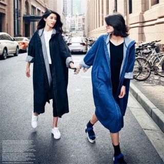 長版牛仔連帽風衣外套