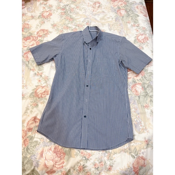 GU男生藍白格紋短袖襯衫 尺寸S