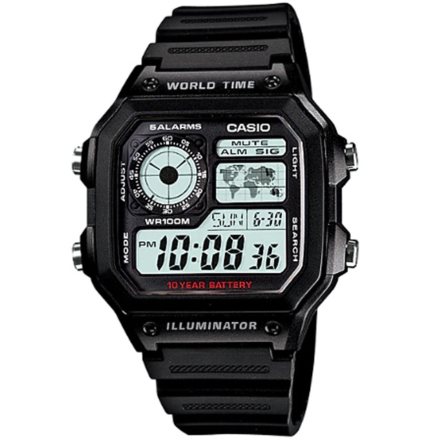 原廠公司貨【高雄時光鐘錶公司】CASIO 卡西歐 AE-1200WH-1AVDF 世界地圖 十年電力 數位 電子腕錶