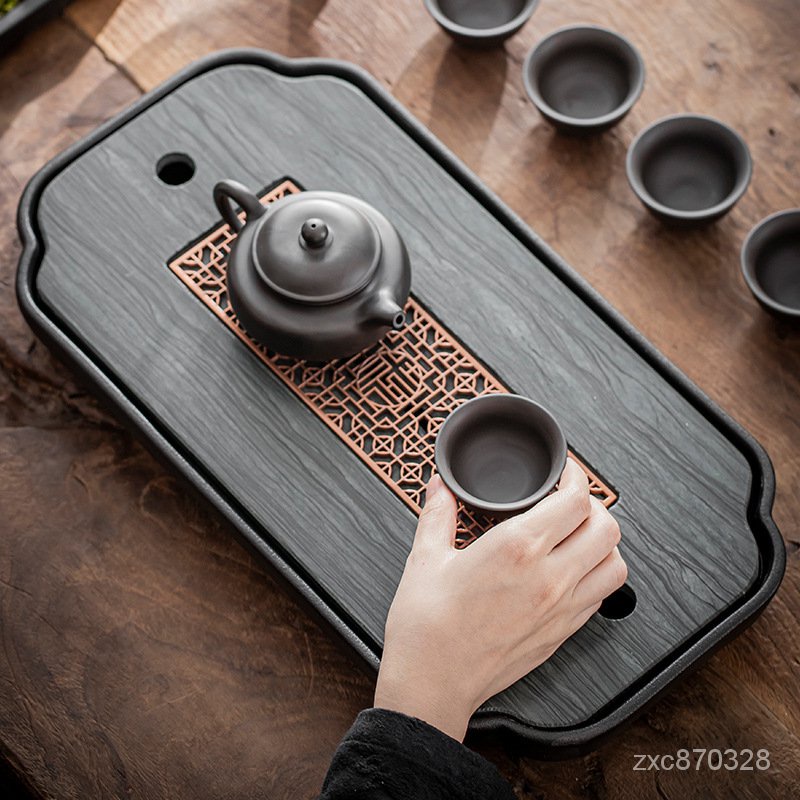 陶瓷茶盤傢用木紋石烏金石茶臺現代簡約小型儲水幹泡臺排水托盤茶托盤 茶具組 功夫茶具 泡茶 茶具