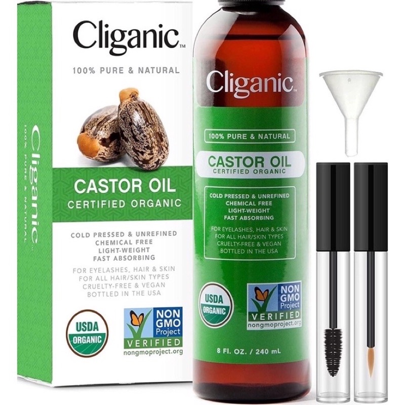 Cliganic 100%有機蓖麻油附分裝瓶 (用於睫毛、眉毛、頭髮保養)