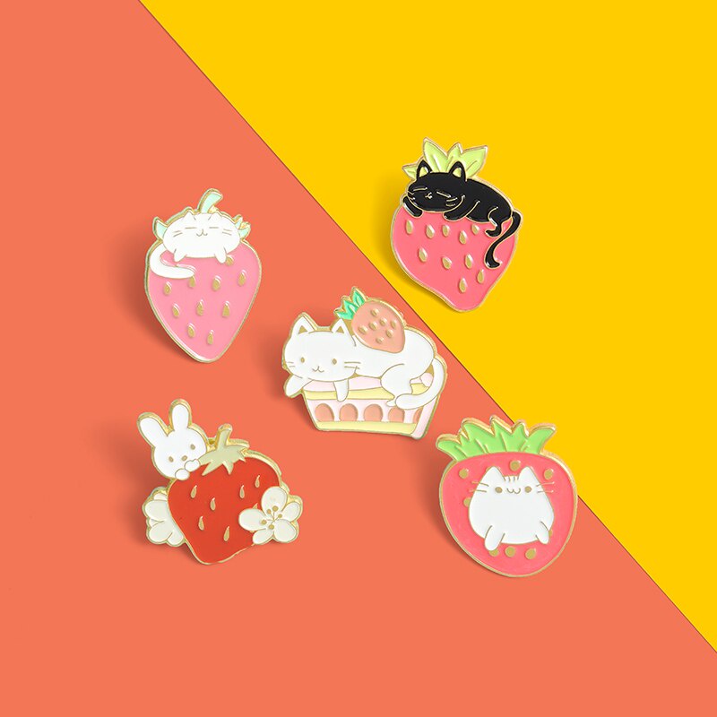 定制甜蛋糕水果可愛兔子貓琺瑯別針草莓派對胸針襯衫翻領徽章袋動物首飾禮物給孩子