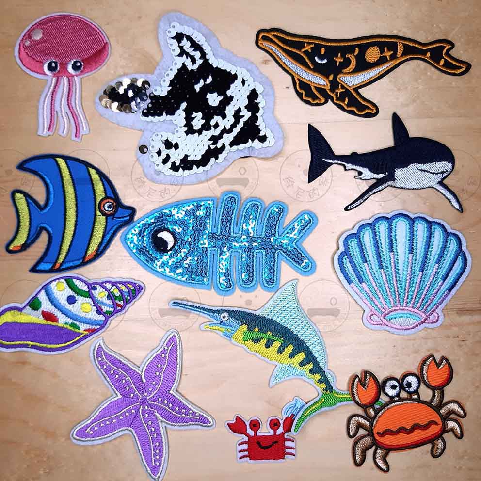 燙布貼 亮片 刺繡布貼 背膠熨燙 手縫 海洋生物 動物 水母 海螺 鯊魚 藍鯨 熱帶魚 螃蟹 海星 扇貝 貝殼