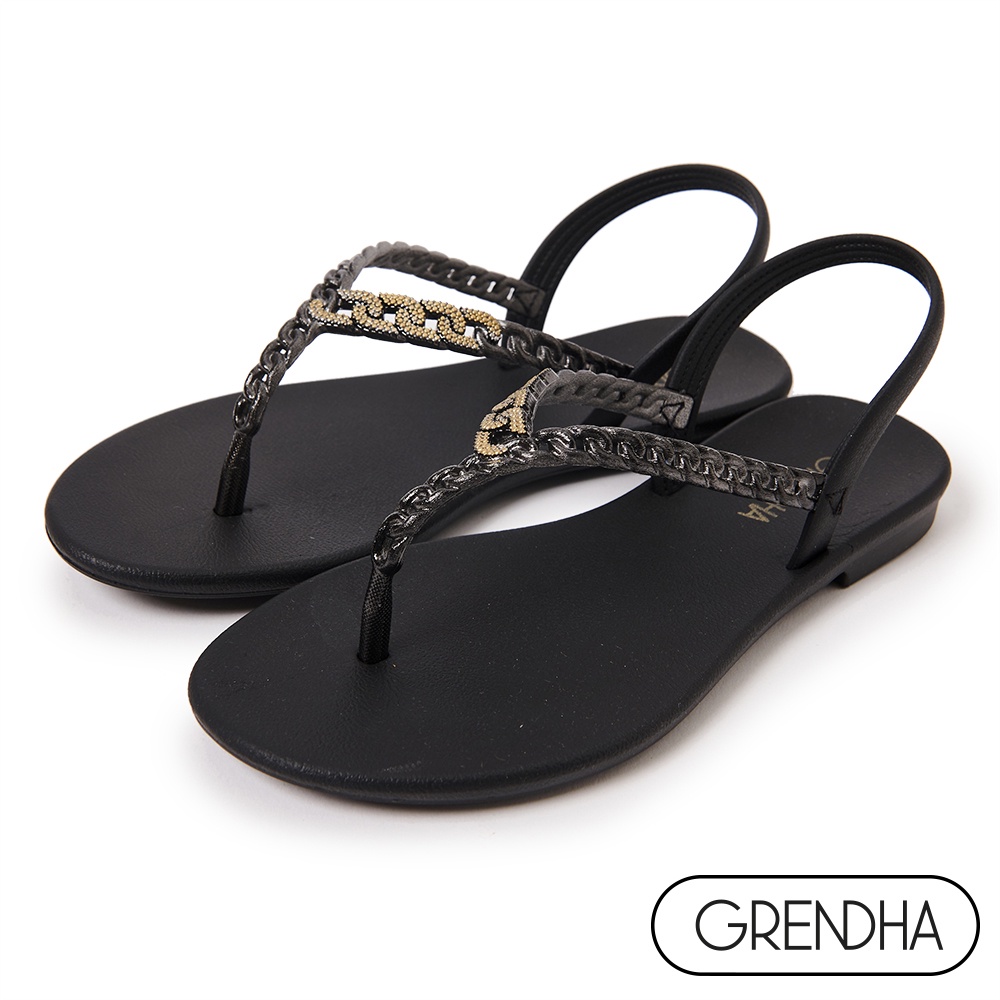 Grendha 晶鑽鍊帶時尚夾腳涼鞋-黑色
