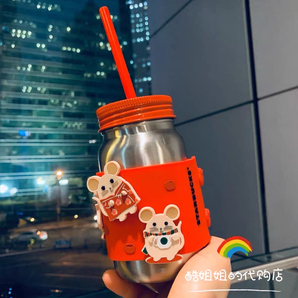 Starbucks官方正品！星巴克杯子鼠年團鼠拜年吸管雙蓋不銹鋼吸管杯梅森瓶果汁珍奶茶奶昔茶水咖啡杯473ml