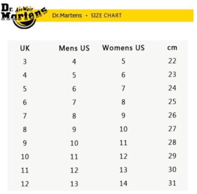 martens size chart