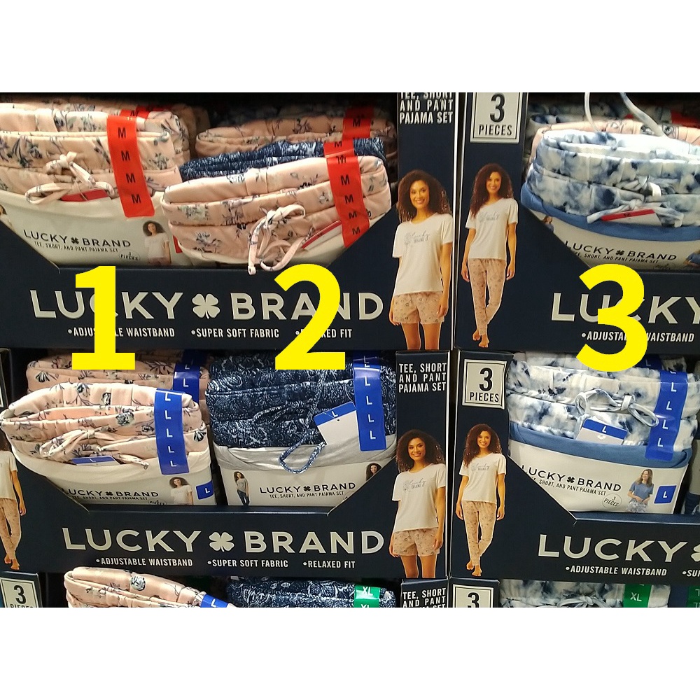 Lucky 女睡衣三件套組 米／淺灰／藍（短袖+短褲+長褲）居家服[好市多出清優惠]刷卡