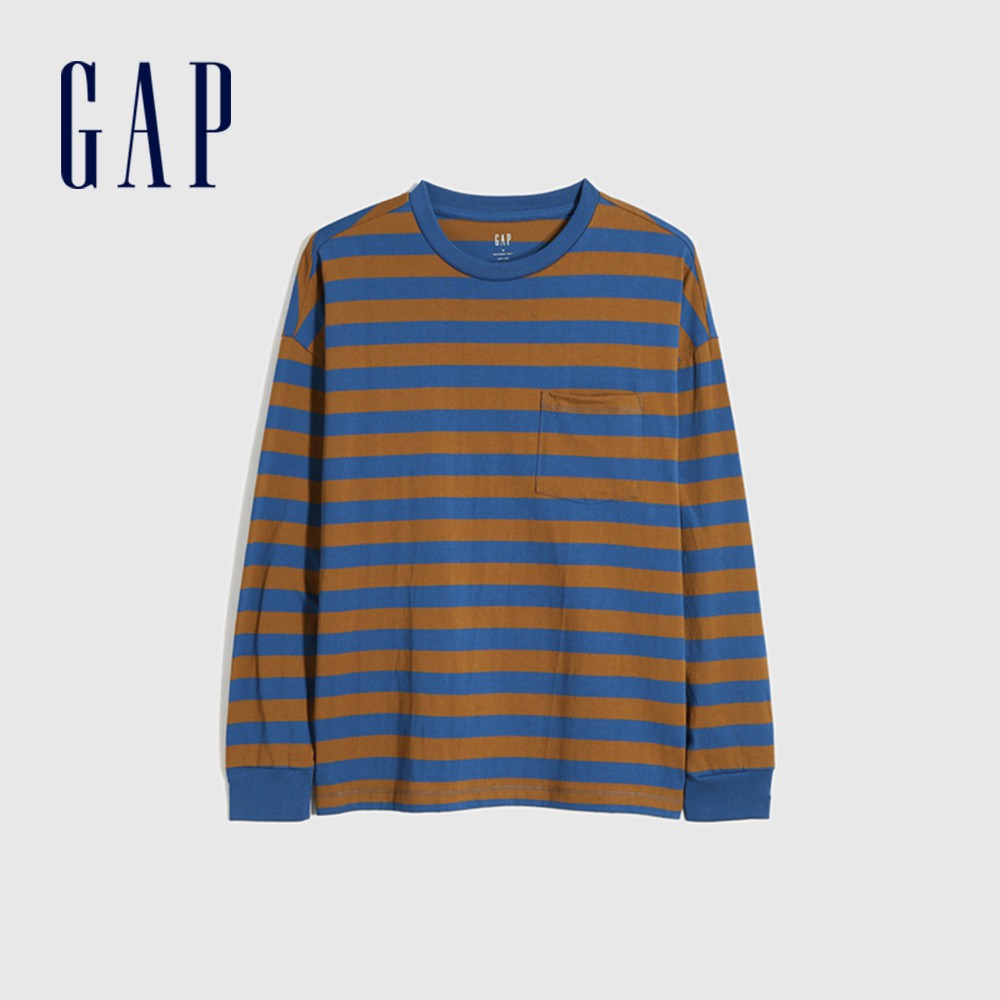 Gap 男裝 長袖T恤 厚磅密織系列-藍棕條紋(660825)
