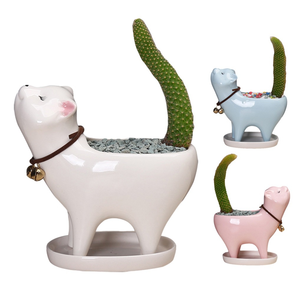 創意多肉貓咪花盆 簡約植物白色多肉花盆 陶瓷創意個性可愛小號桌面仙人掌貓尾巴花器