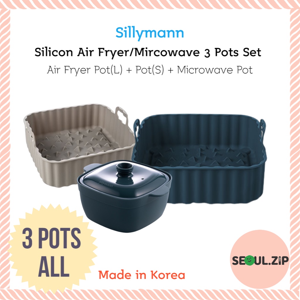 Sillymann 可重複使用的矽膠鍋, 用於空氣炸鍋和微波爐 3P 套裝, 韓國鉑金矽膠氣炸籃/微波籃/烤箱用