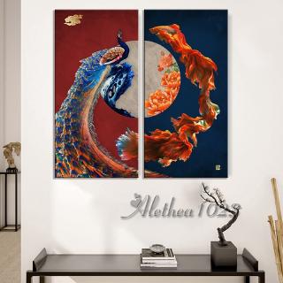 實木框畫 新中式掛畫 孔雀 魚 富貴吉祥 中國風居家裝飾畫 玄關掛畫 房間臥室壁畫壁貼 無框畫 生日禮物