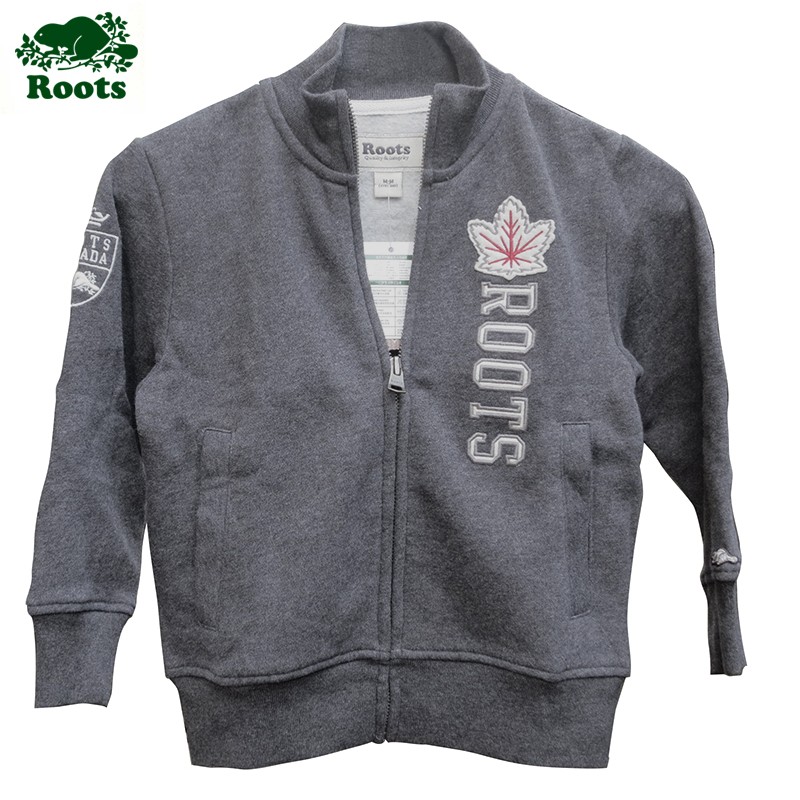 【僅供fenny.huang】加拿大 ROOTS M 小童100CM 4歲 深灰色 針織 內刷毛 楓葉立領外套