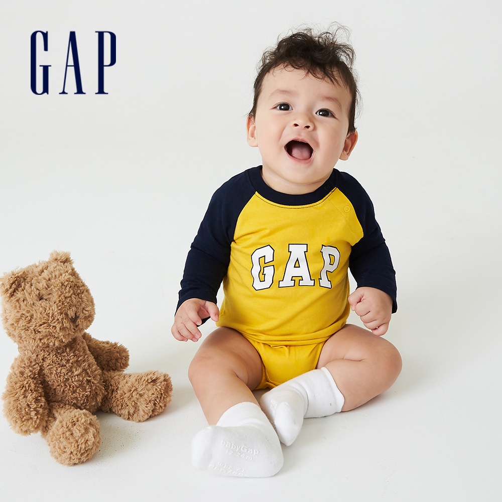 Gap 嬰兒裝 Logo純棉長袖包屁衣-黃色(732577)