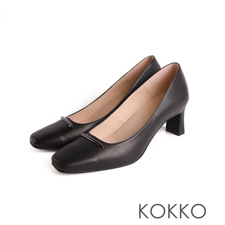 KOKKO簡約金屬飾扣微寬楦方頭跟鞋黑色