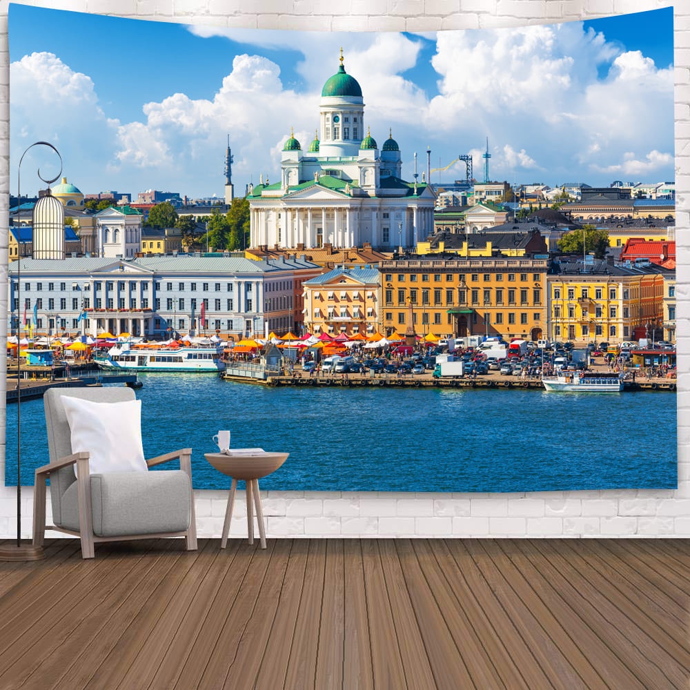 芬蘭首都赫爾辛基旅遊風景掛布裝飾布北歐風ins街道裝飾掛毯電視背景牆ins網紅客廳房間臥室裝飾畫牆布掛簾布畫掛畫藝術牆牆