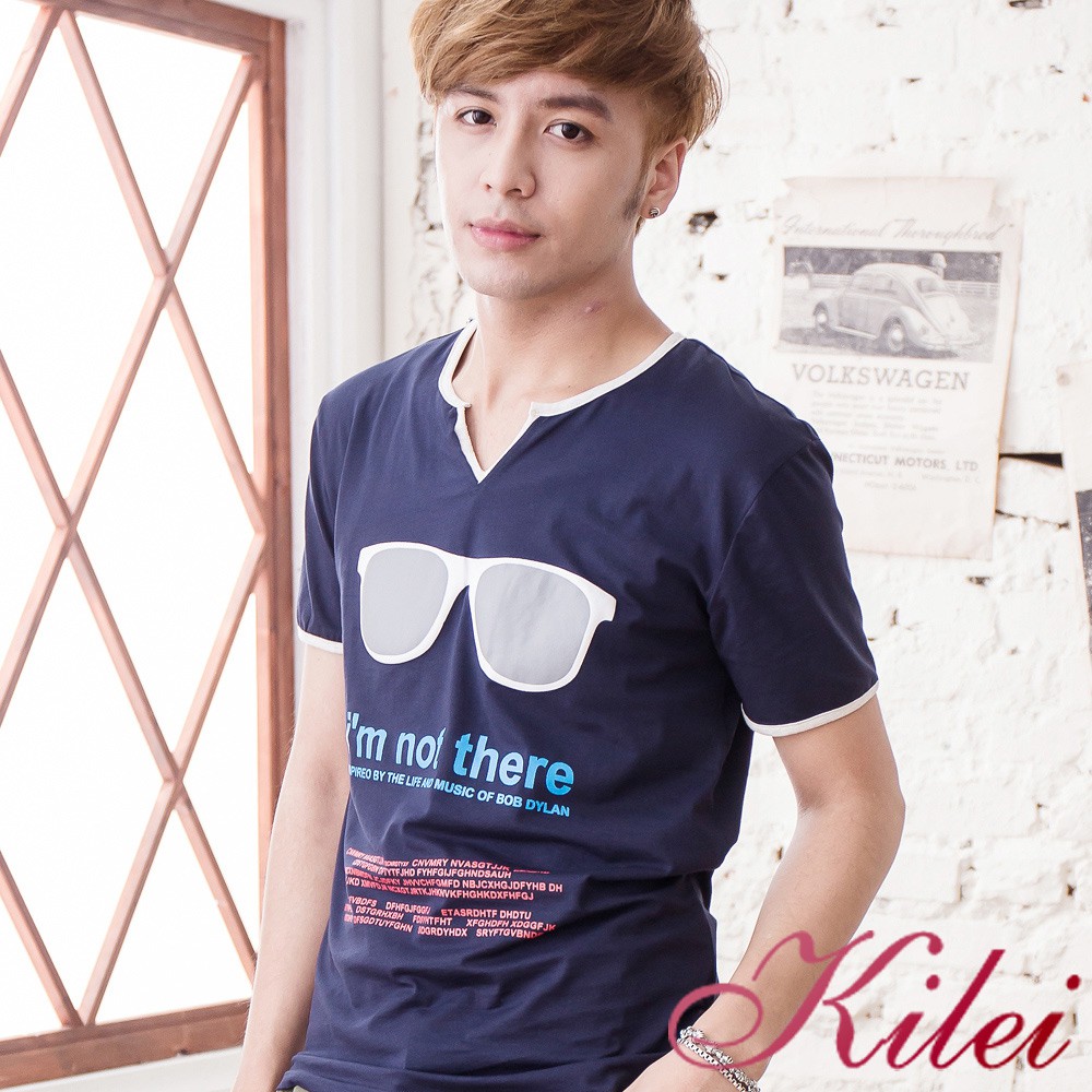 【Kilei】眼鏡英字標語小V領棉質T恤XA1439(韓潮藍)賠售特價