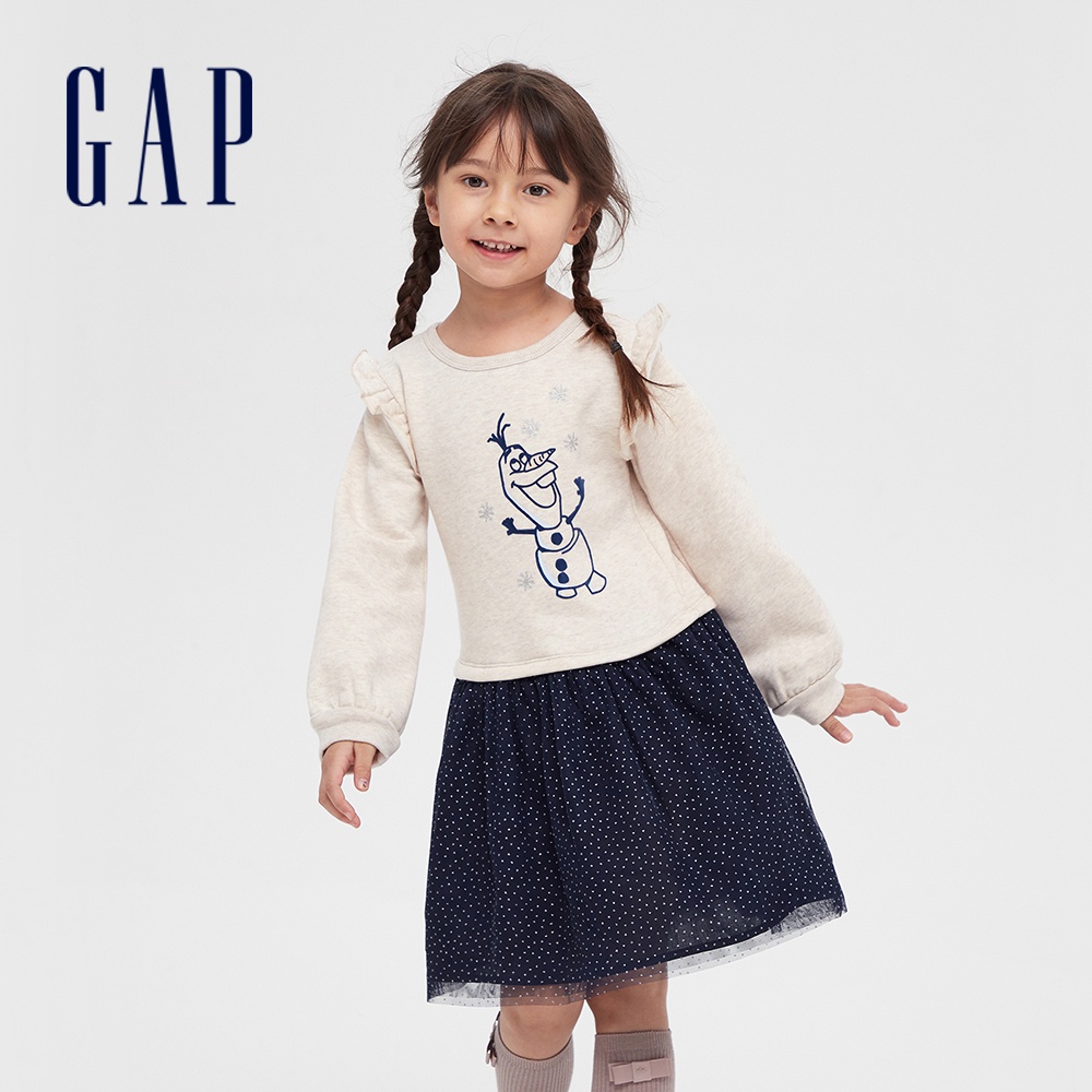 Gap 女幼童裝 Gap x Disney迪士尼聯名 拼接圓領長袖洋裝-米色拼接(618892)
