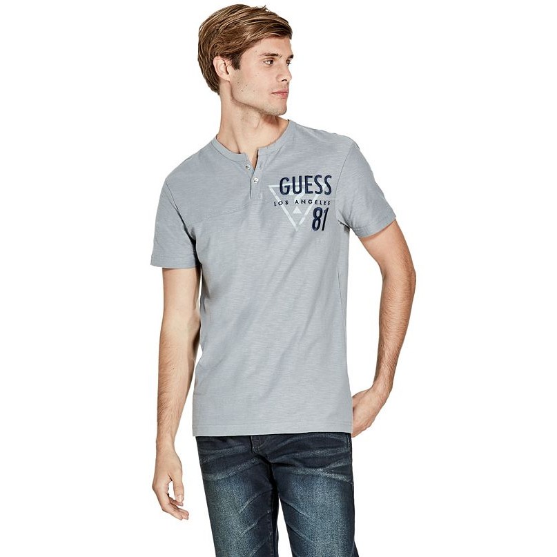 【美麗小舖】全新真品 GUESS 藍灰色 男 電繡LOGO T恤 短袖 短T-Shirt 亨利領~GS95921