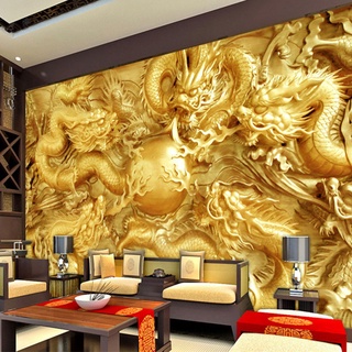 佛堂壁畫酒店客廳電視背景墻壁紙大型壁畫3D立體無縫金色龍木雕無紡布墻布