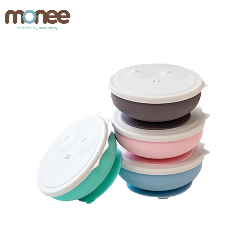 韓國monee 100%白金矽膠恐龍造型可吸式餐碗附蓋(4色) 吸盤碗 學習餐具 米菲寶貝