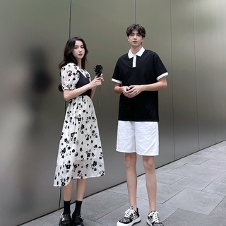 【COUPLE】❤2022夏季❤新款情侶你衣我裙女氣質長款連衣裙黑色男T恤衫