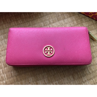 六成新 Tory Burch TB 桃紅拉鍊長夾