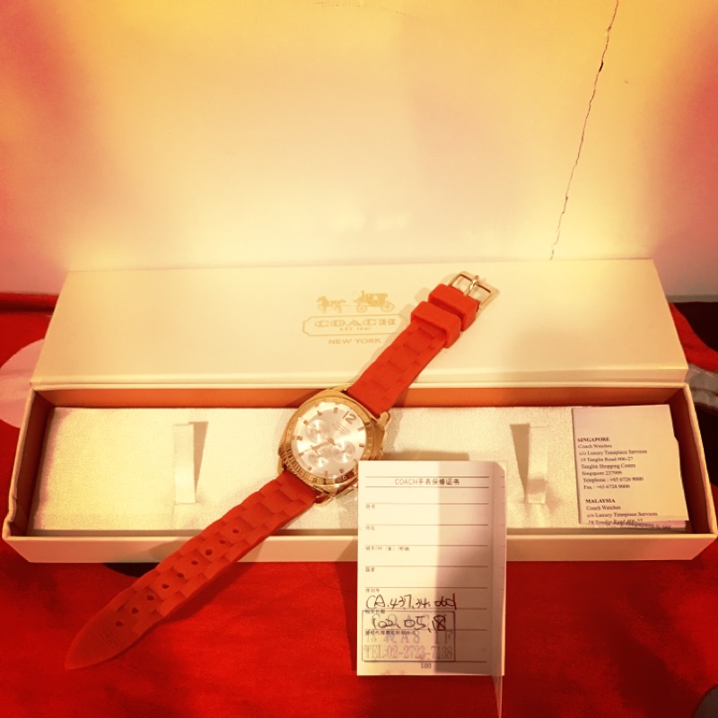 COACH 玫瑰金色錶面紅色橡膠材質錶帶女錶