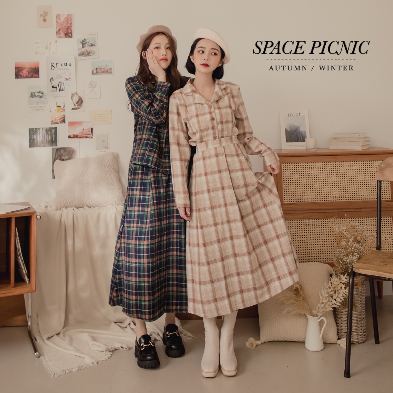 [明天出貨] Space Picnic｜兩件式-格紋襯衫+長裙-2色(現貨)【C21111007】