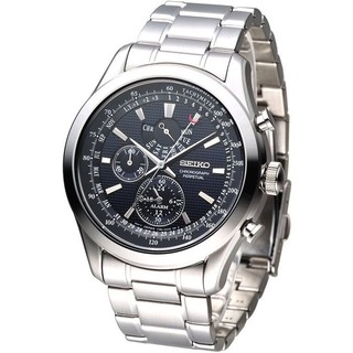 SEIKO WATCH 精工商務菱格黑藍面多功能萬年曆計時鋼帶石英腕錶 型號：SPC125P1