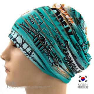 KURO-SHOP 韓國進口 免綁 藍綠色系英文字印花 透氣材質 魔術頭巾、口罩、圍巾