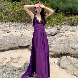 洋裝 2022 新款紫色V領洋裝夏季新款蕾絲拼接女神範露肩氣質復古長裙子