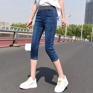 【搶購】牛仔七分褲 緊身丹寧女褲 大尺碼高腰牛仔褲女2025新款五分褲春夏季彈力緊身顯瘦窄管七分褲子%棉