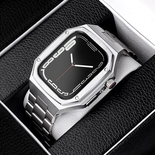 改裝AP金屬套裝錶帶適用於apple watch 9 8 7 6 44mm 45mm一體不鏽鋼錶帶套裝