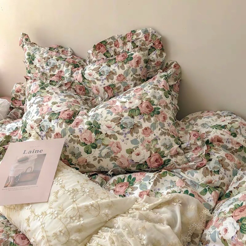北歐ins小法國南法的鄉村風格玫瑰花荷葉邊寢具床包四件組