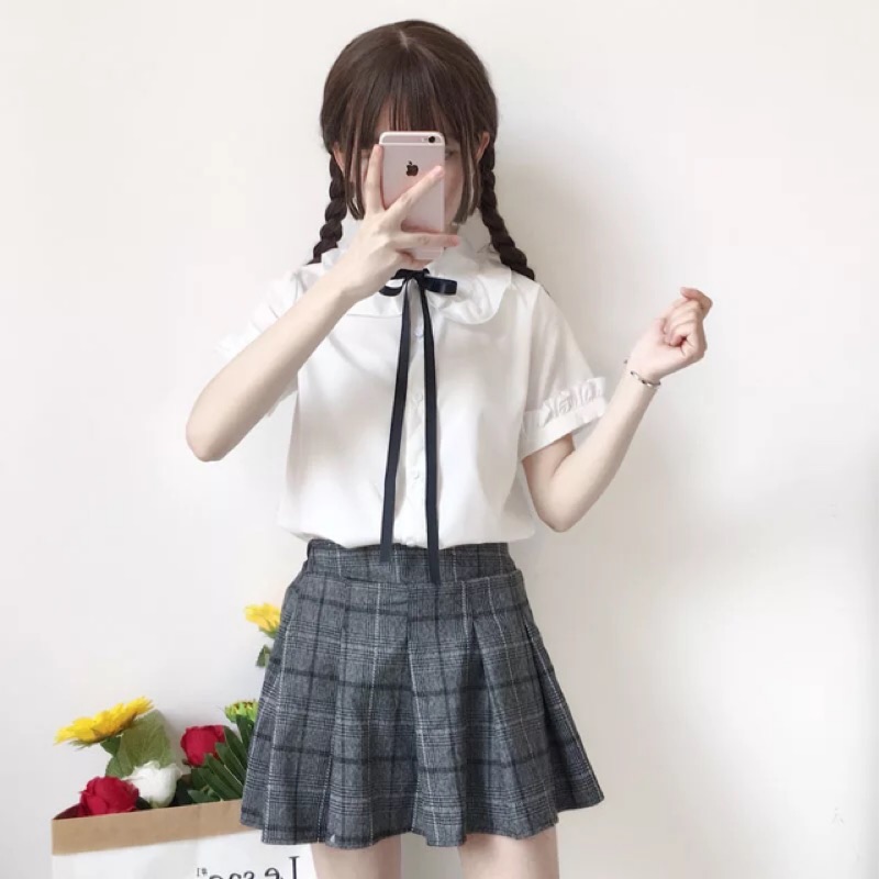 預購 日系軟妹春夏荷葉邊蝴蝶結蘿莉塔風可愛短袖襯衫 格子毛呢百褶裙套裝小清新少女學生森女系 蝦皮購物
