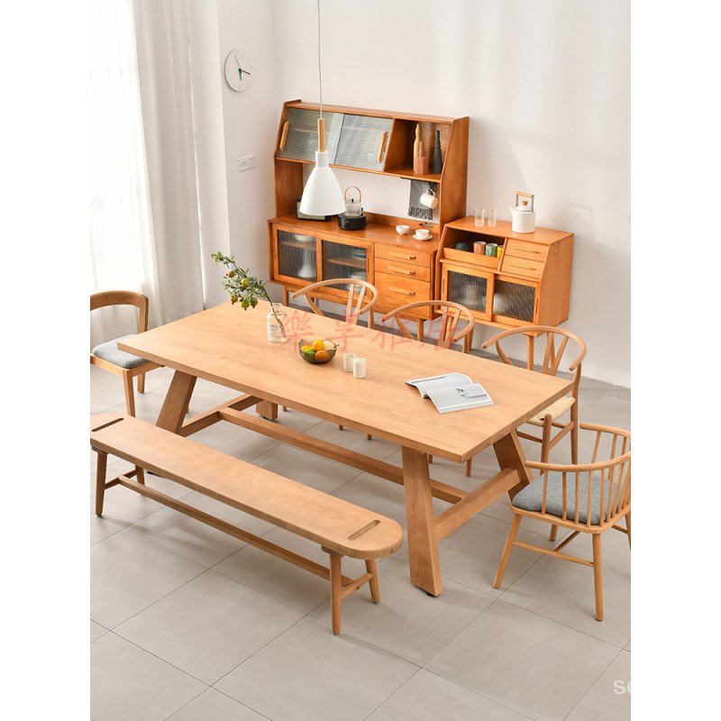 北歐實木餐桌椅組板 現代簡約傢用餐桌 長方形白蠟木日式原木大板凳喫飯桌