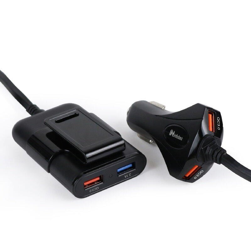 Infotec 帶線4埠usb前後座車充cc103 Qc3 0 支援qc3 0 車充帶線後座背夾式 Ha302 蝦皮購物