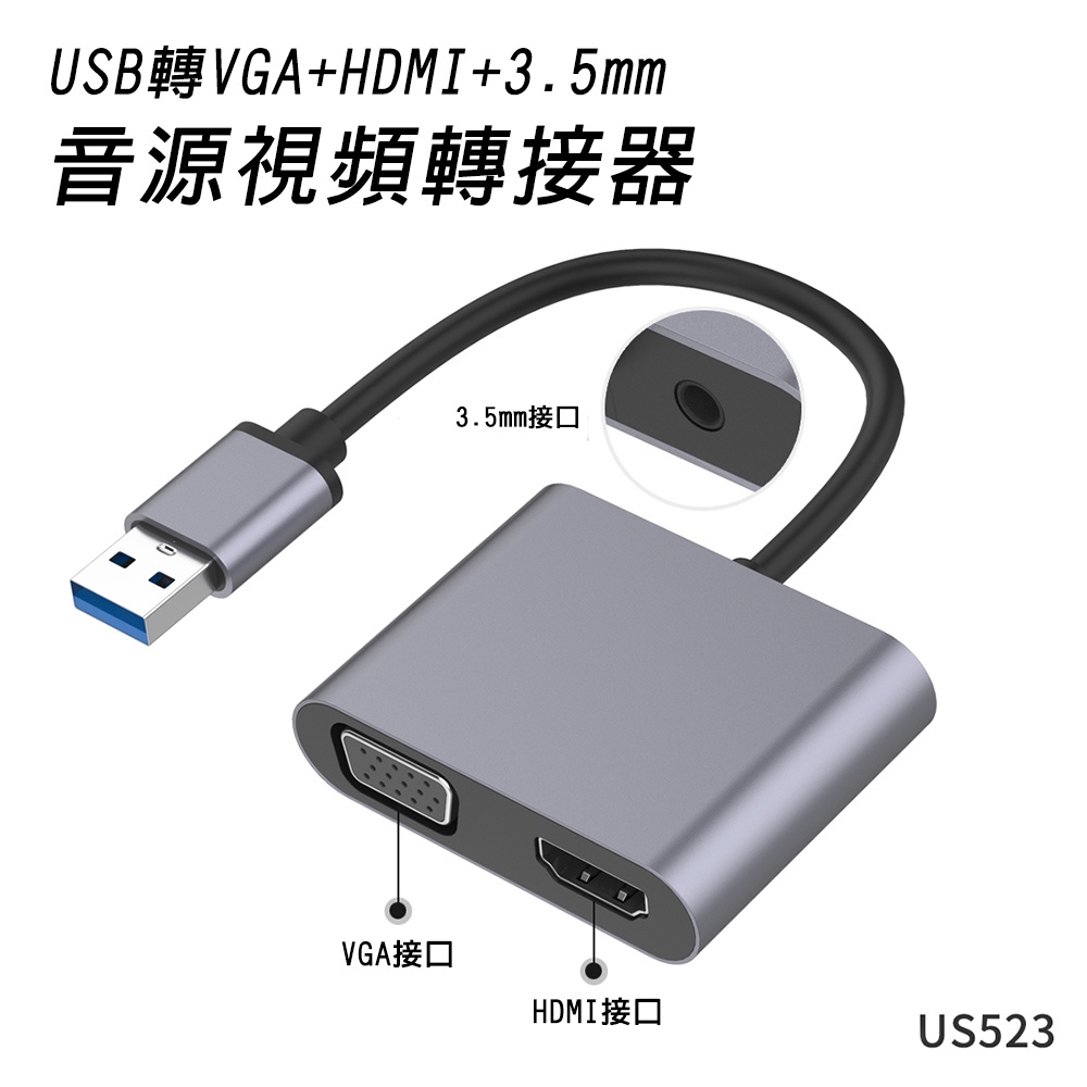 【SHOWHAN】USB2.0轉HDMI+VGA 2K+3.5mm音源視頻轉轉接器(US523)