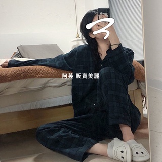[現貨]韓版ins睡衣女日系復古格子慵懶風網紅長袖長褲慵懶風家居服套裝